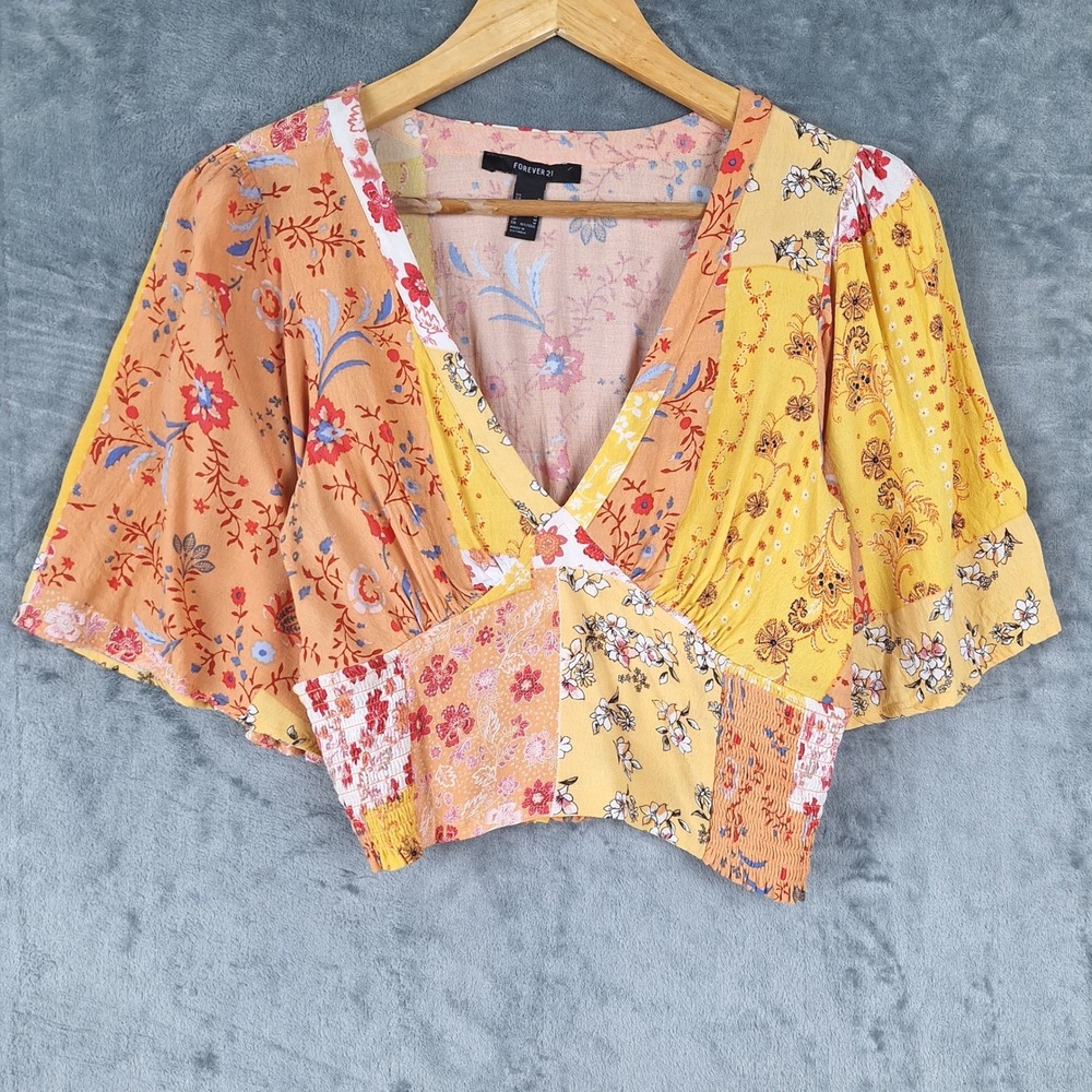 Womens Top Medium Floral Patchwork Crop Boho Hippie Babydoll Cottagecore Fairy